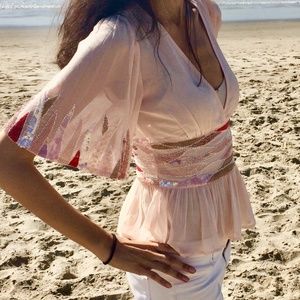 Butterfly sleeve pink blouse top